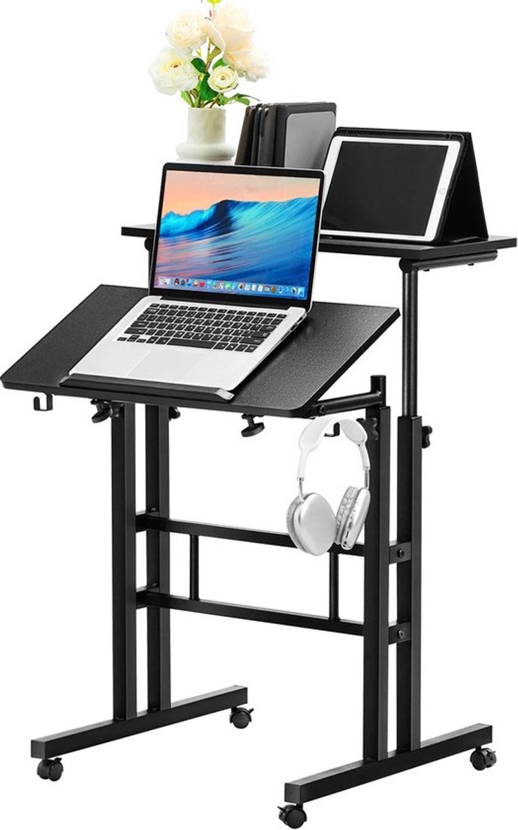 Groot Laptop Computer Bureau - Kantelbaar - 360° Zwenkwielen - Gasveer - Staand Bureau - Hoogte Verstelbaar - 26,4-44,9 inch - Zwart
