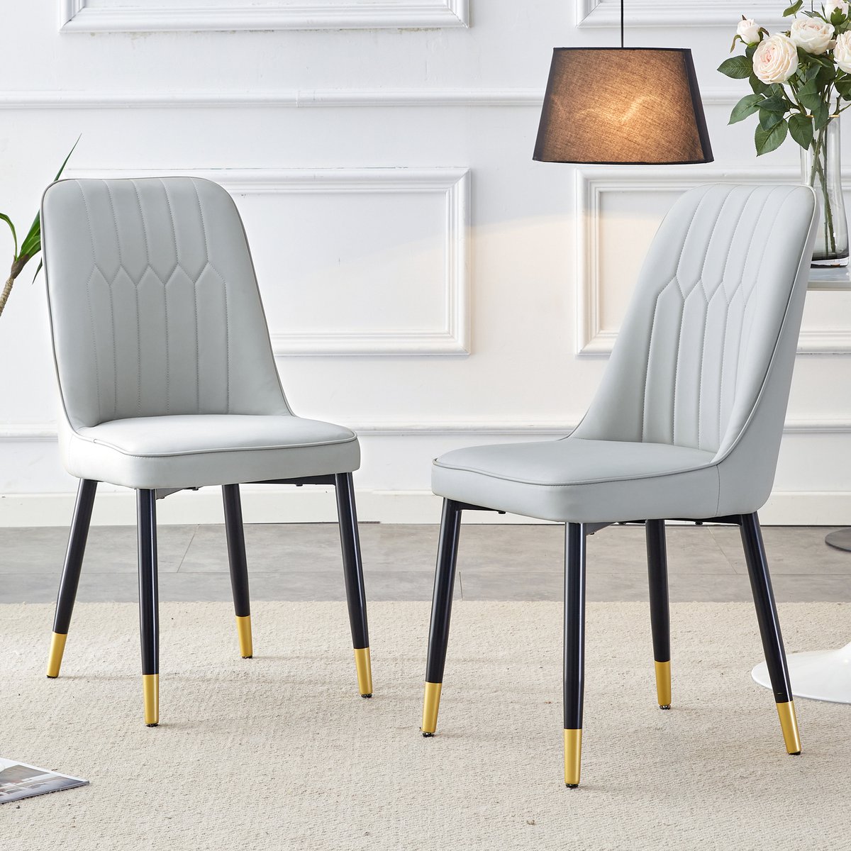 FloraGrace Eetkamerstoel Set Van 2 - Ergonomisch Comfort En Antislip - PU-Leer En Metaal - Voor Eetkamer Of Keuken - Lichtgrijs Lichtgrijs Zwart