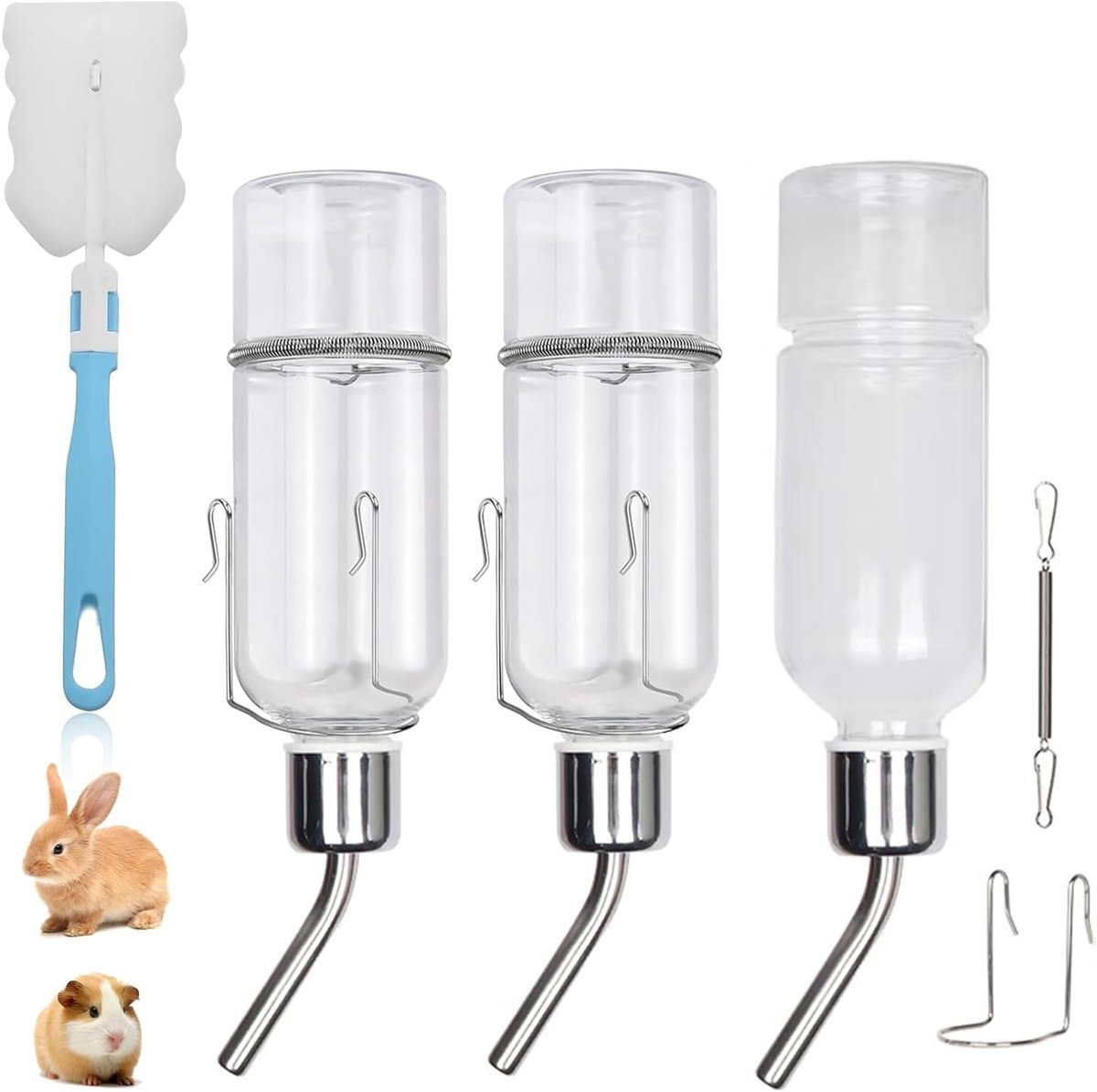 Drinkfles voor Konijnen met Houder, 350 ml, 3 Stuks, Waterdispenser voor Kleine Huisdieren zoals Cavia's, Hamsters en Chinchilla's