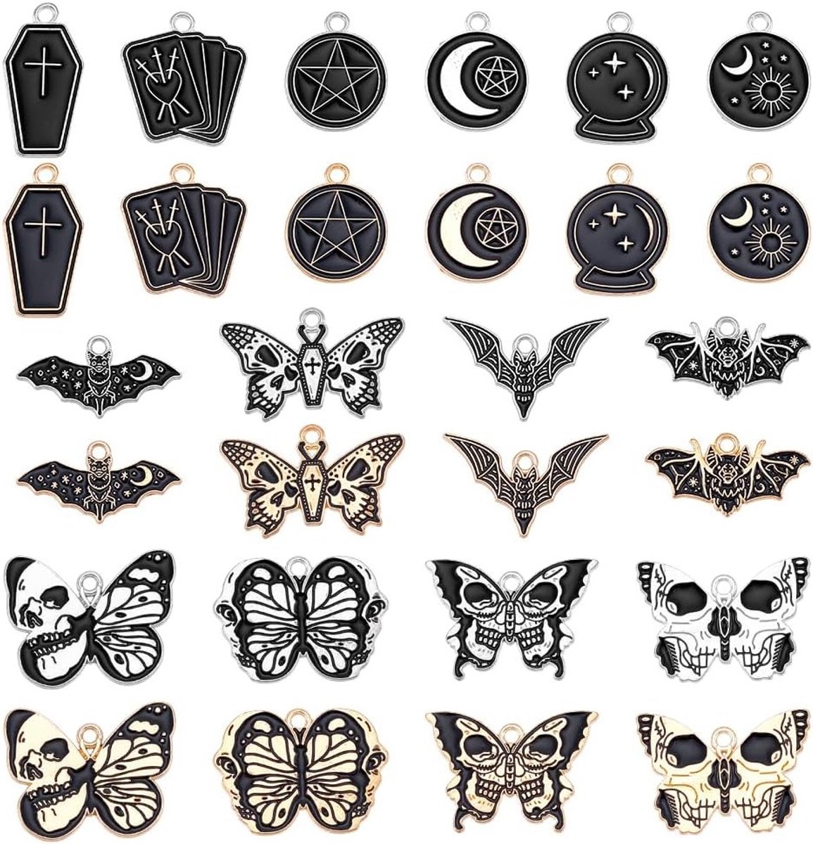 28-delige set met 2 kleuren gothische Halloween skull en vlinder hangers van legering voor het maken van armbanden en sieraden