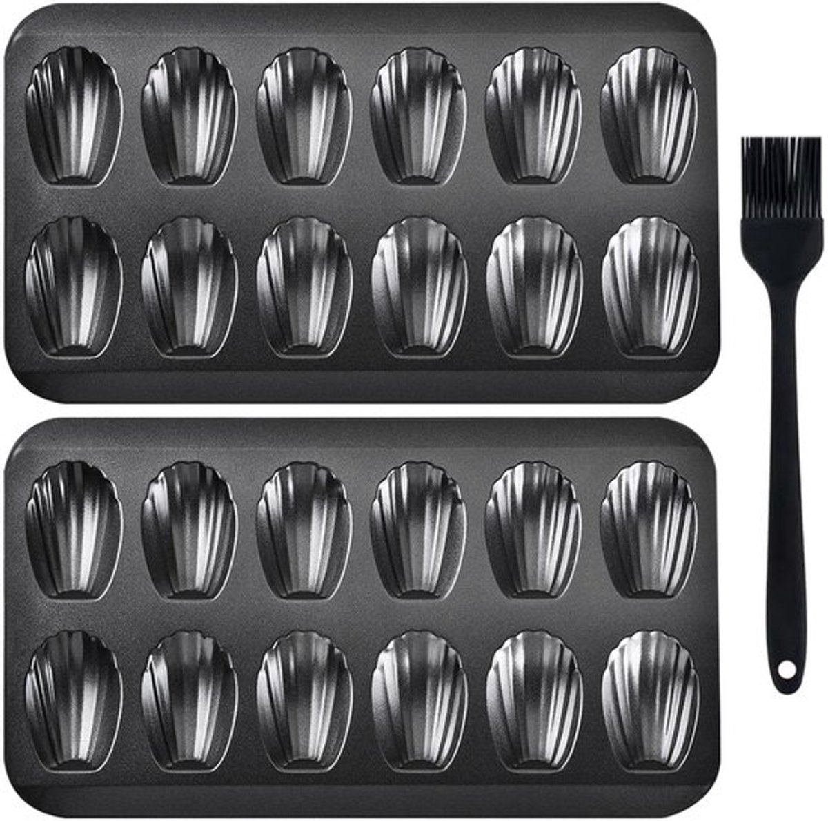 2 Pack Pan met Siliconen Kwast 12 Cup Zware Shell Vorm Madeline Bakvorm, Anti-aanbak Koolstofstaal Koek Cake Scone Bakvorm voor Oven Bakken - (Grijs) (Grootte: 2)