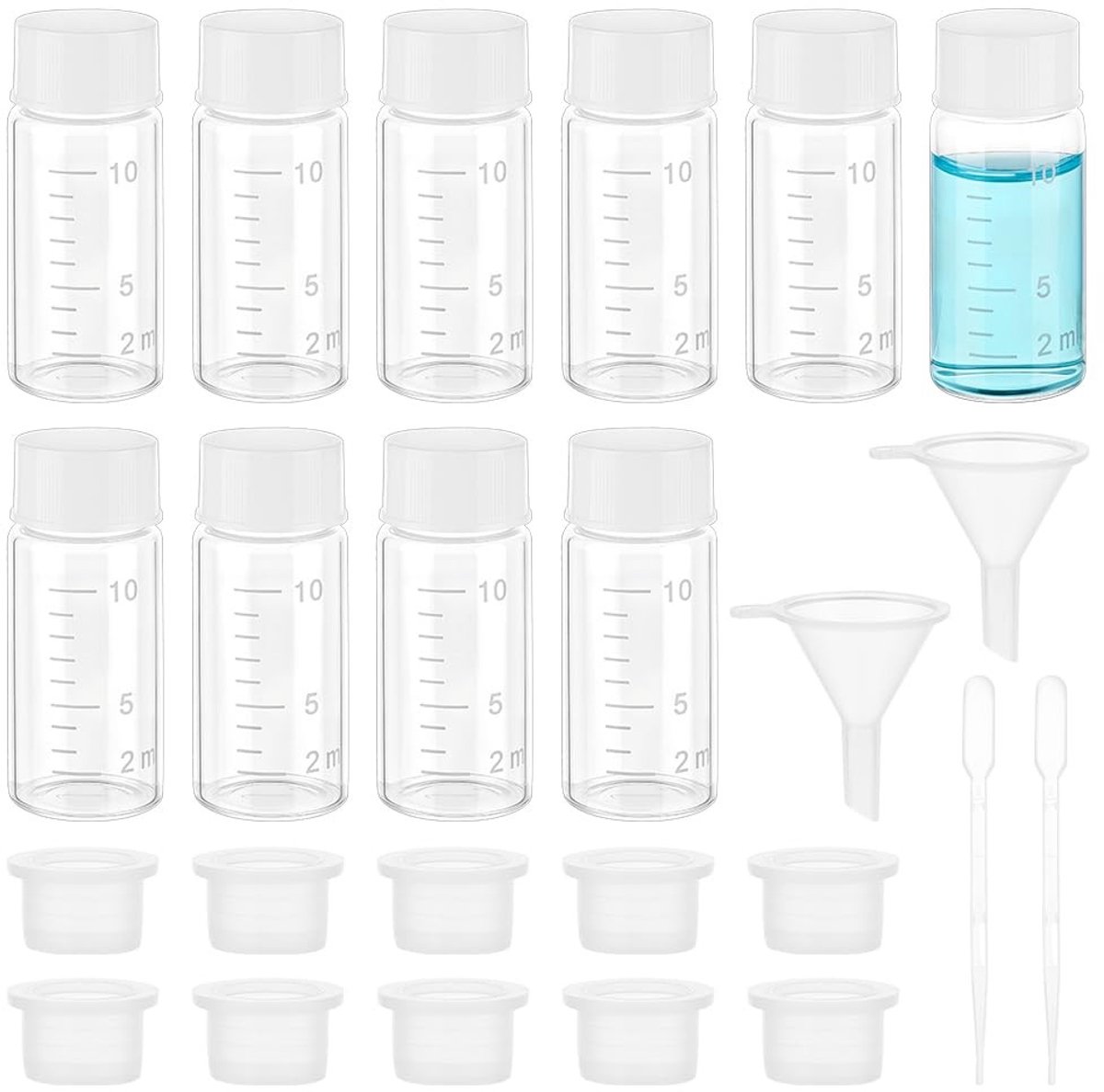VLEMICO- Reisflessen 10 stuks 10 ml - Lekvrije Doppen - Dispensers 5 stuks - Doseertrechters 2 stuks - Voor Reizen - Kamperen - Toilettas