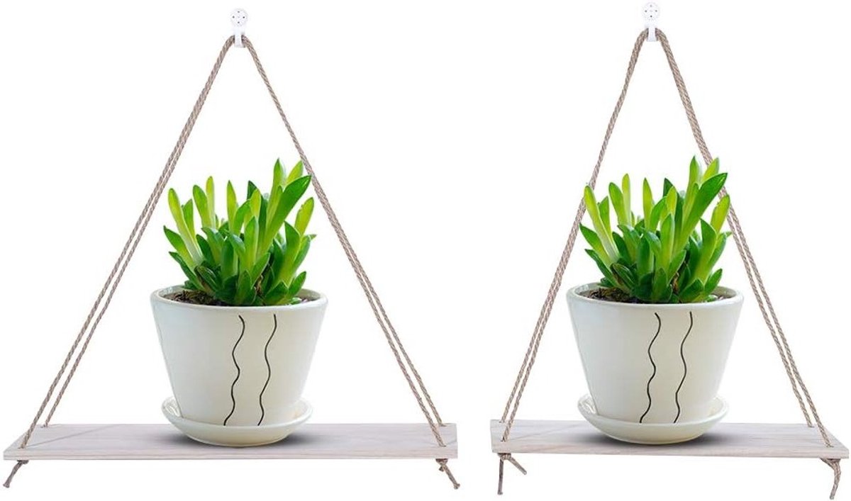Houten Wandplanken Set van 2, Driehoekige Plank voor Planten en Bloempotten met Haken, Moderne Decoratie voor Thuis en Kantoor