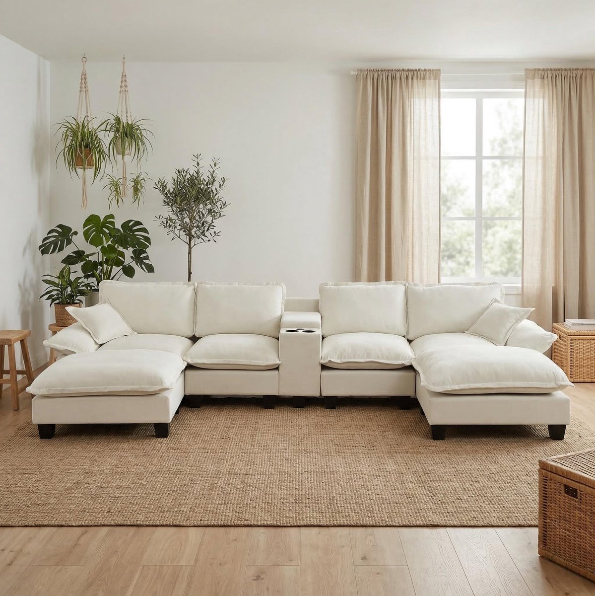 OKWISH U-Bank 362 x 151 x 90 cm - Met Opbergruimte, Usb-Aansluiting En Bekerhouders - Voor Woonkamer - Chenille - Beige