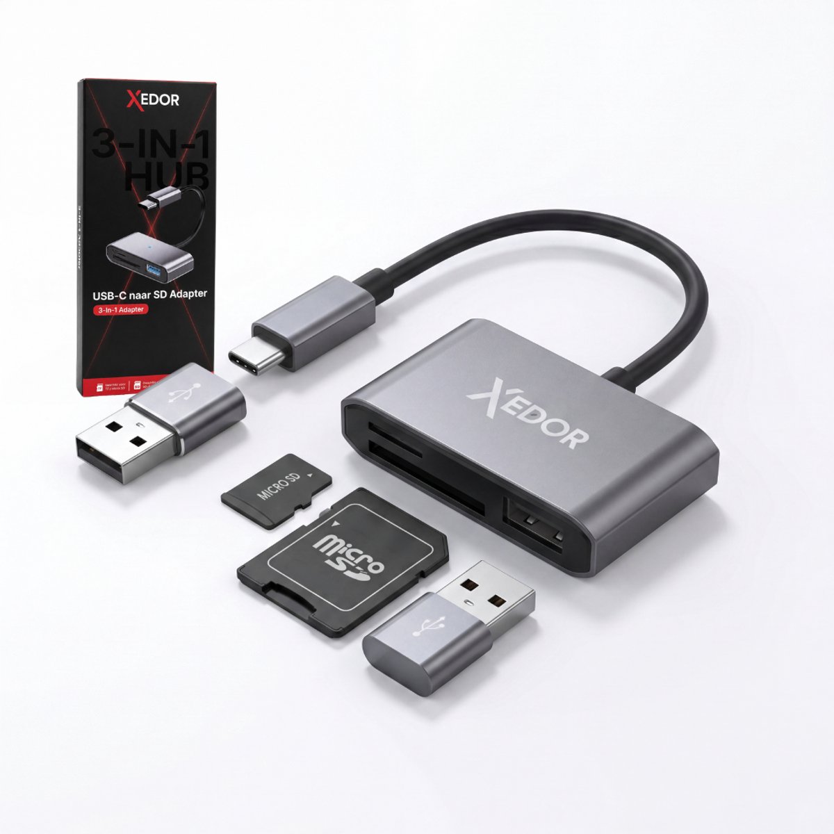 Xedor® Readex - SD Kaartlezer USB-C - 3-in-1 Kaartlezer - SD & Micro SD Kaartlezer - USB-A Poort - Inclusief USB-A Adapter - Geschikt voor Laptop, Tablet en Smartphone - Spacegrey
