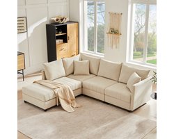Moderne hoekbank - modulaire bank - bank voor vijf personen - met ombouwbare voetenbank - L-vormige bank - U-vormige bank - beige