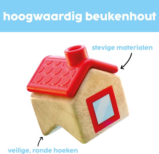Rood houten huisblok met rode dakpannen, schoorsteen, en een vierkant raam.
