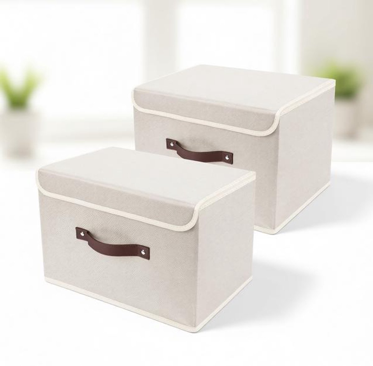 ElleMooi Opvouwbare Opbergdozen met Deksel - Wasbaar, Sterk en Duurzaam - Set van 2 - 38x25x25 cm - Beige