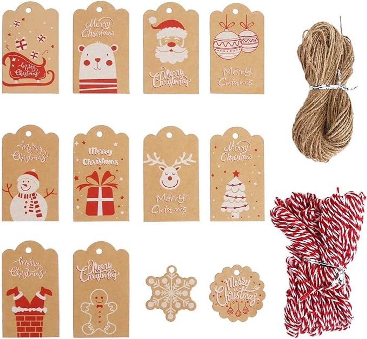 Dailygoods- Kerstcadeauhangers 120 stuks - Kraftpapier - Cadeaulabels - Cadeaustickers - Bruin-wit - Met koord