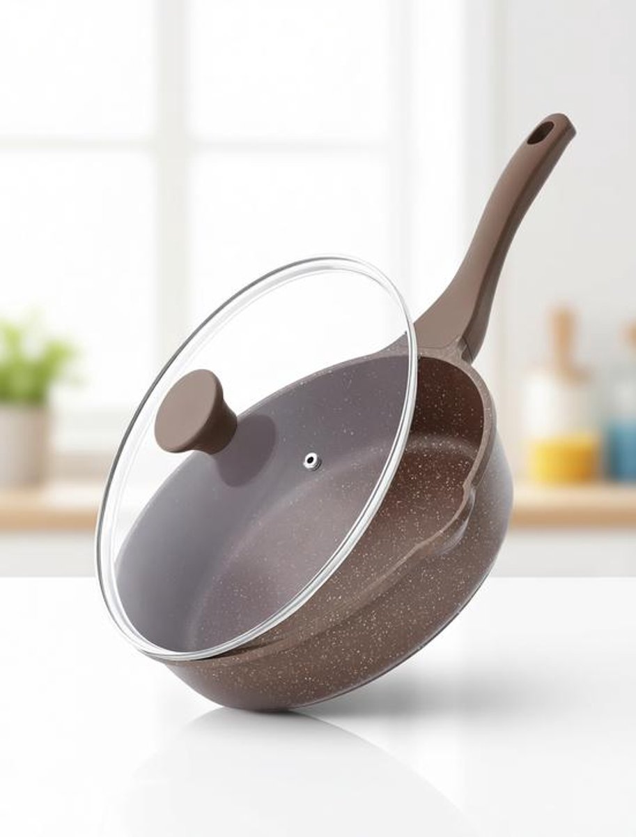 ElleMooi Braadpan met Deksel - Diepe Pan - 28 cm - Toffeebruin - Gezond Koken