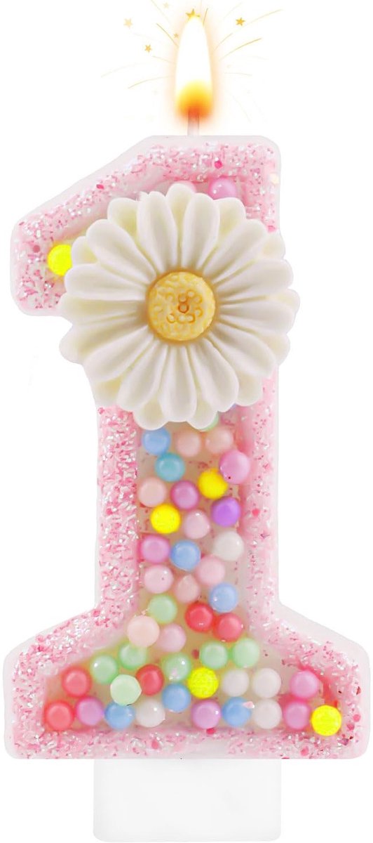 Dailygoods- Verjaardagskaars Schattig Cijfer 1 - Veelkleurig - Taartdecoratie - 7,3 cm - Was/Pailletten/Hars - Geschikt voor Eerste Verjaardag - Taartkaars