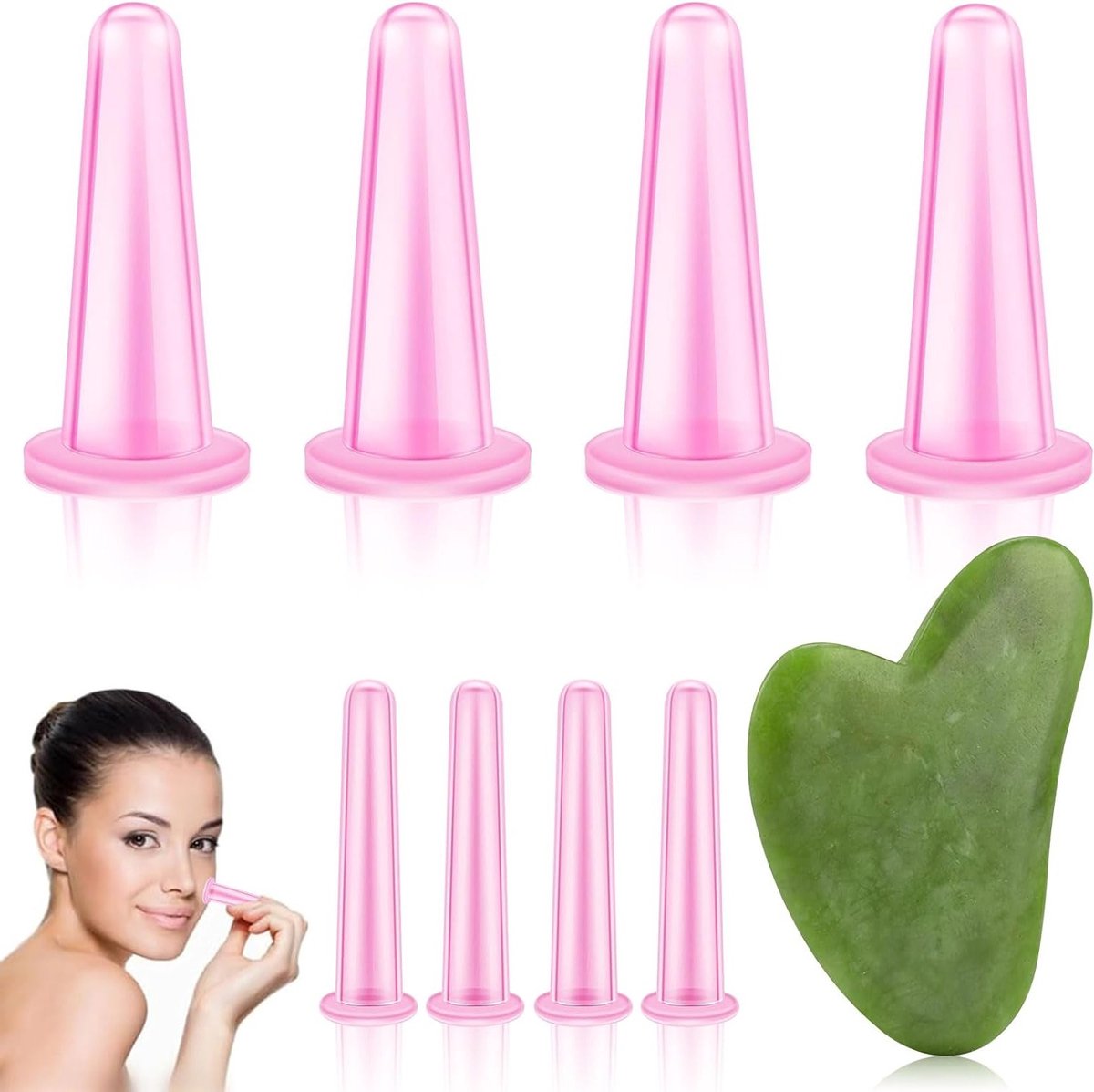 Gezicht Cupping Set en Gua Sha Tool voor Natuurlijke Huidverzorging, Silicone Cupping en Rozenkwarts Gua Sha Steen voor Verbetering van de Huidstructuur en Doorbloeding
