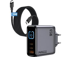 Phreeze USB C Stekker + USB C Oplaadkabel 3 Meter – Snel Oplader – USB C Power Adapter + Lange USB C naar USB C Kabel 3M