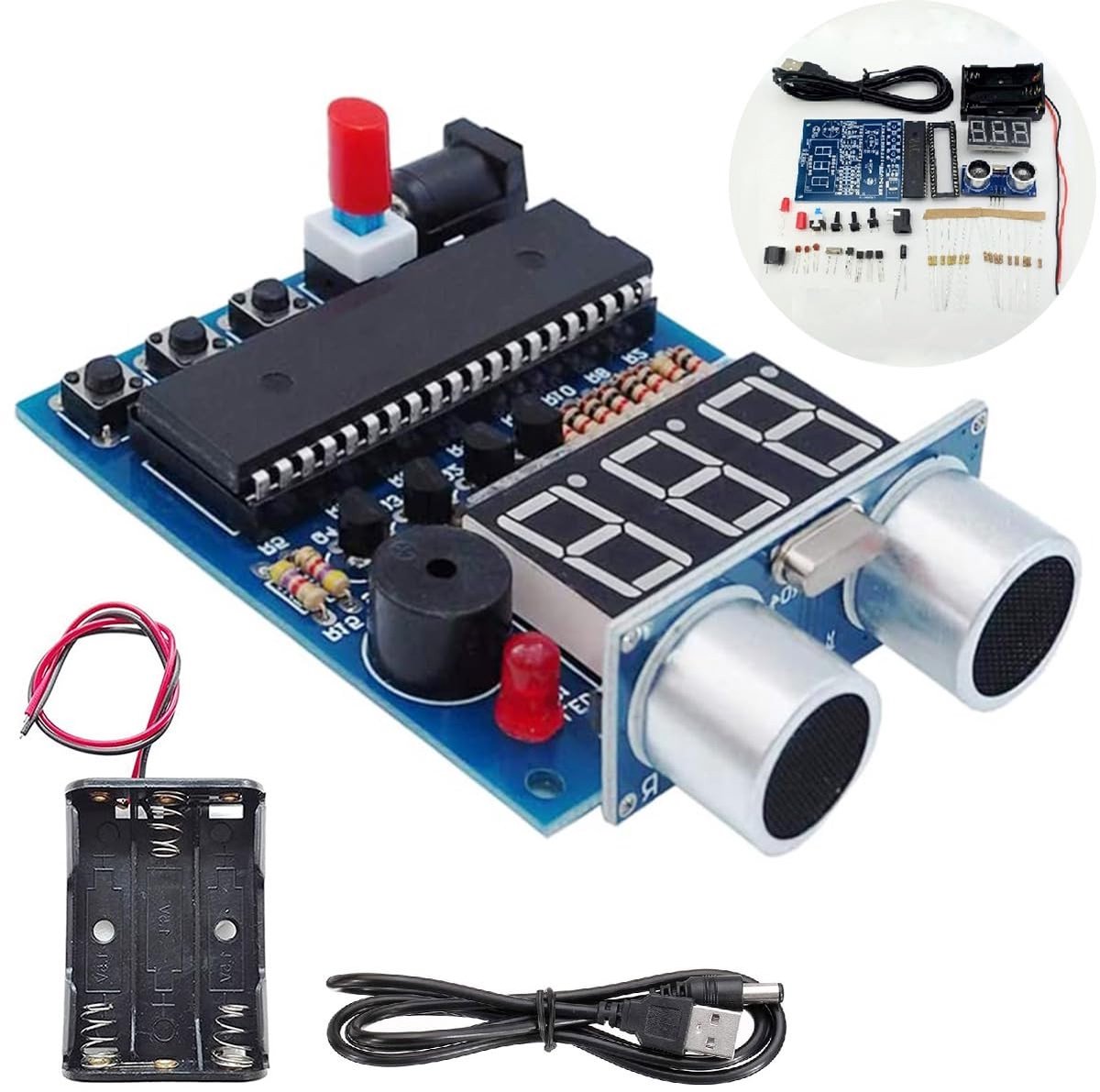 Ultrasone Afstandsmeting Sensor Kit voor Elektronica, Solderen, DIY Projecten en Sensor Module met USB naar DC Plug Kabel en Batterijbox