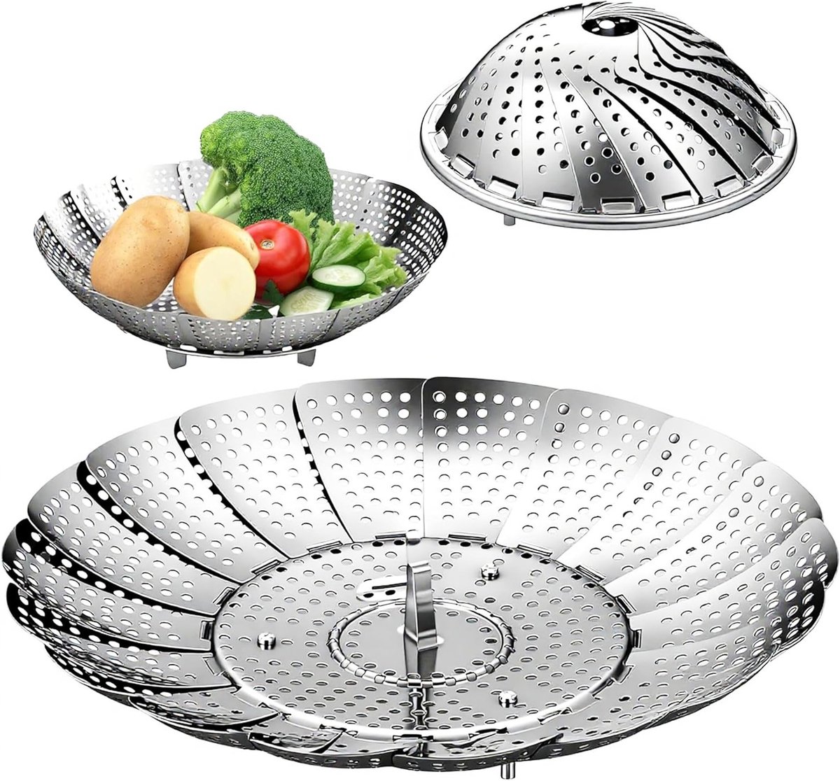 Vouwbare stoommand van roestvrij staal (14 cm - 22 cm) voor het bereiden van groenten en lichte maaltijden met elke kookplaat