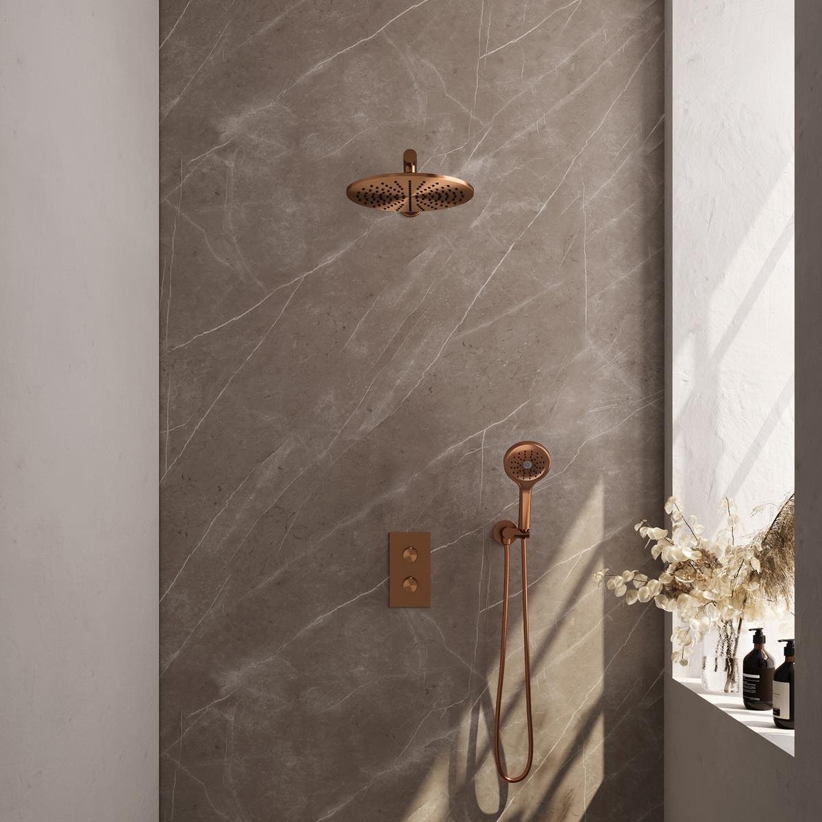 Brauer Copper Carving Thermostatische Regendoucheset Inbouw - Hoofddouche 30 cm - Rechte Wandarm - 3 Weg - Handdouche 3 Standen - Doucheslang - Wandaansluitbocht
