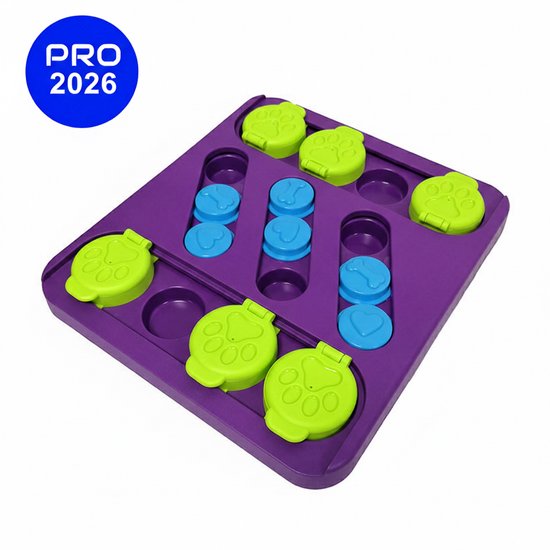 Paars interactief hondenpuzzelspel met groene deksels met pootafdrukken en blauwe schijfjes met bot- en hartvormen.