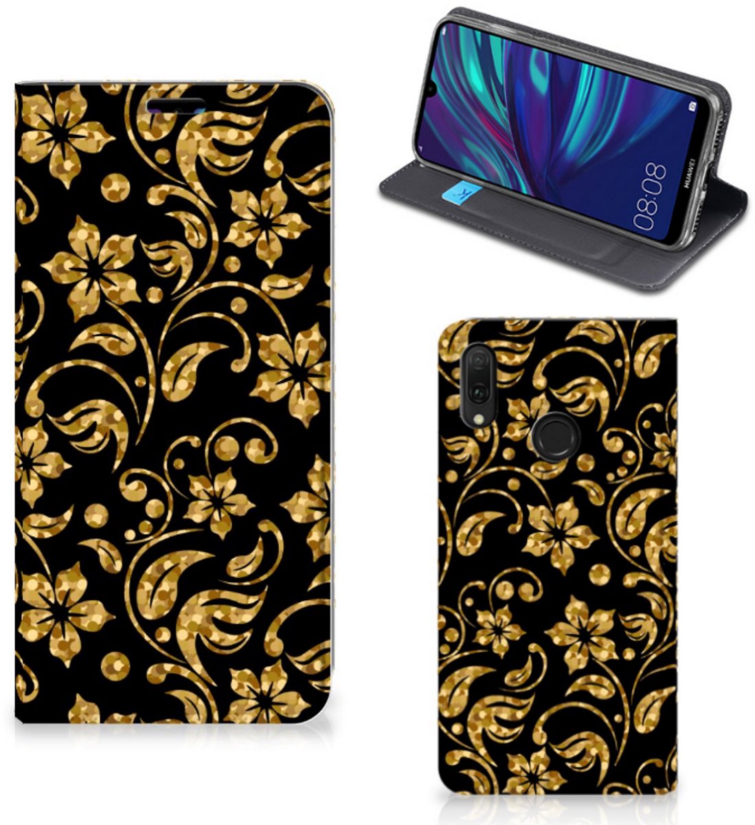 Huawei Y7 hoesje Y7 Pro (2019) Smart Cover Gouden Bloemen