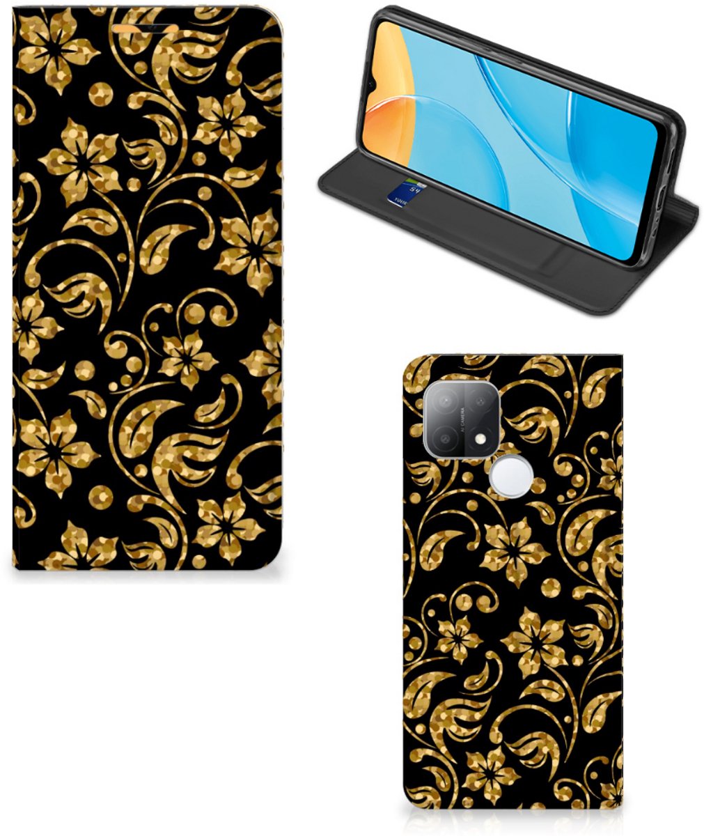 OPPO A15 Smart Cover Gouden Bloemen