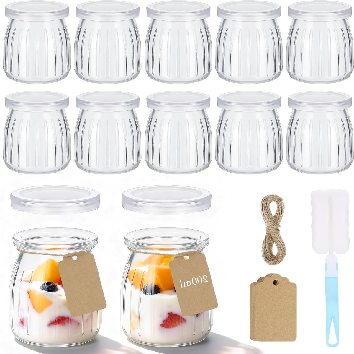 12 Stuks Glazen Yoghurttonnen met Deksel, 200ml - Herbruikbare Jars voor Yoghurt, Jam en Olie met Schoonmaakborstel