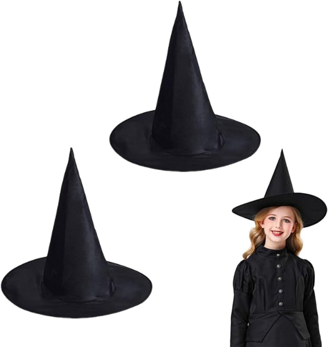 Twee Stuks Zwarte Heksenhoeden voor Kostuum en Cosplay - Unisex Accessoires voor Halloween, Carnaval en Feestjes