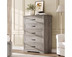 Tall 5-Drawer Farmhouse Wooden Dresser, Metal Handles, Storage Chest for Bedroom, Living Room, Hallway, Grey