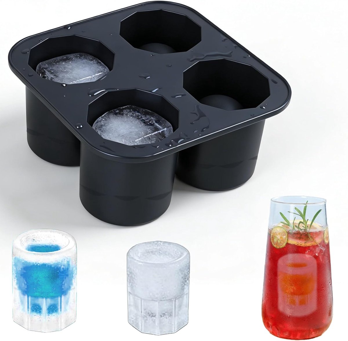 Siliconen ijsblokjesvormen, 1 stuk per verpakking, 4 vakjes, maakt ijsblokjes met een diameter van 4,9 cm, geschikt voor cocktails, whisky, wijn, fruit, fruitpuree, ijs, enz., ronde ijsblokjesvormen.