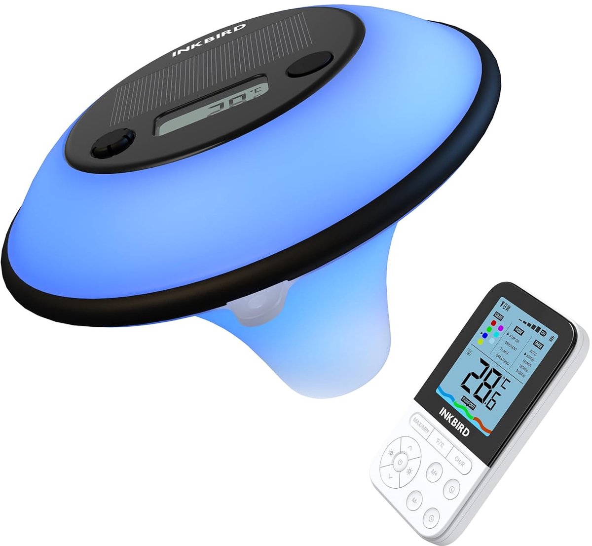 Inkbird IBS-P05R Zonne Draadloze Zwembadthermometer met omgevingslicht, Afstandsbediening voor binnen, IP68 waterdicht, lichtsensor ON/OFF, comfortniveau-indicatie voor watertemperatuur, voor zwembad