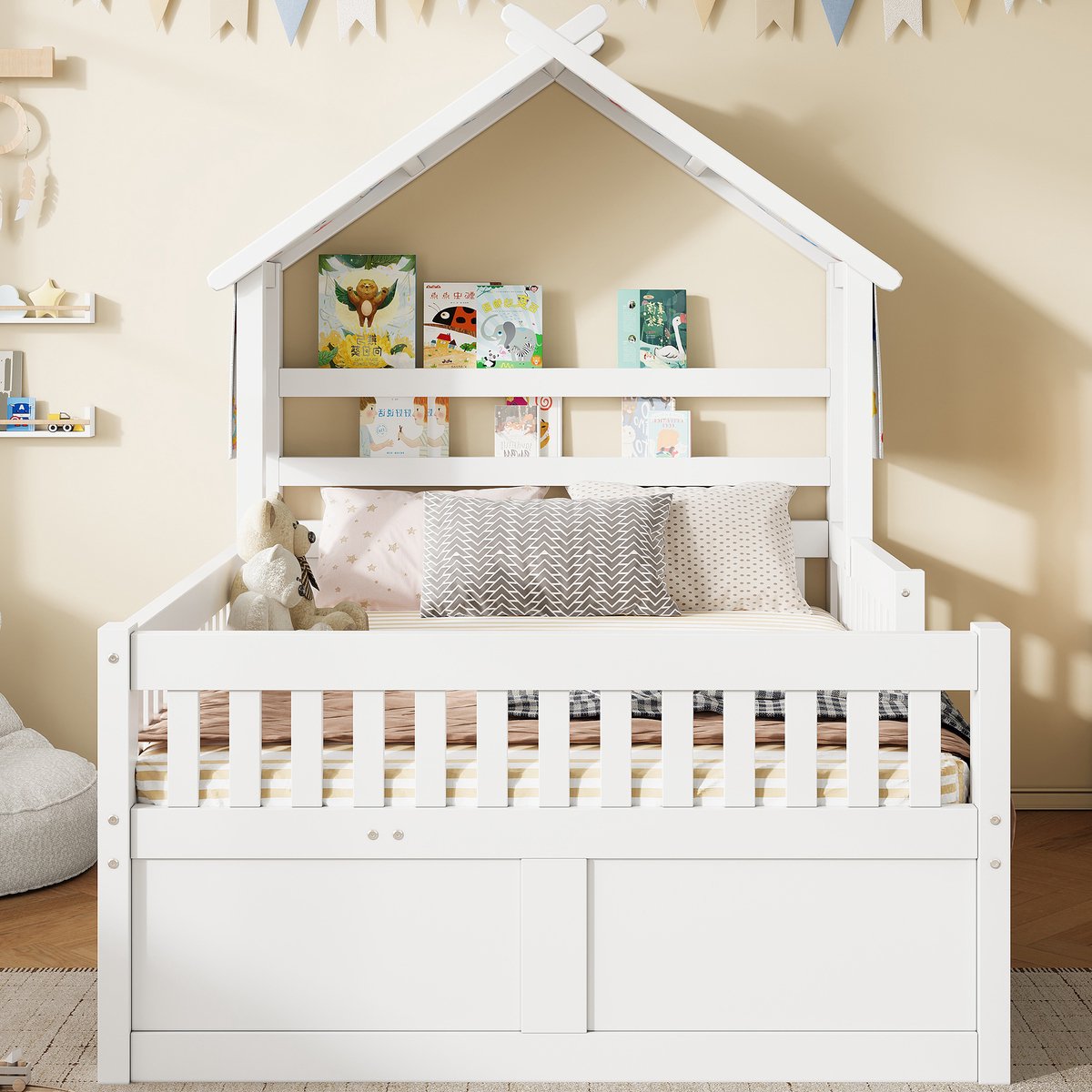 Merax Houten platformbed - huisvorm - 140 x 200 cm - met uitschuifbaar bed - 3 lades en veiligheidsbeugel - wit - zonder matras