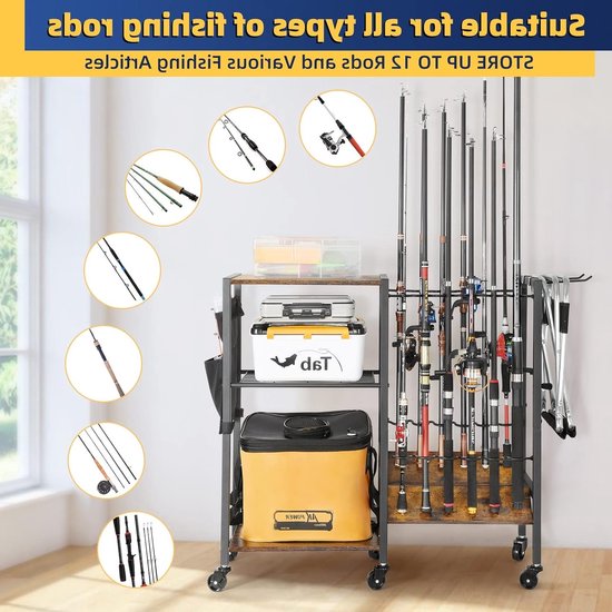 Houder voor Visspullen en Hengels - Organisator voor 12 Visspullen en Hengels - Ideaal voor Garage, Ingang of Hoek, Perfect Cadeau voor Mannen en Vader — afbeelding 3