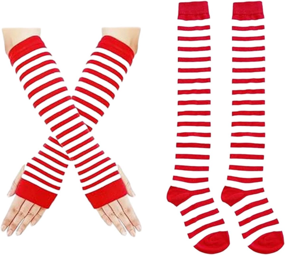 Lange rode en witte gestreepte kousen voor dames, carnaval kostuum, cosplay accessoires en armhandschoenen