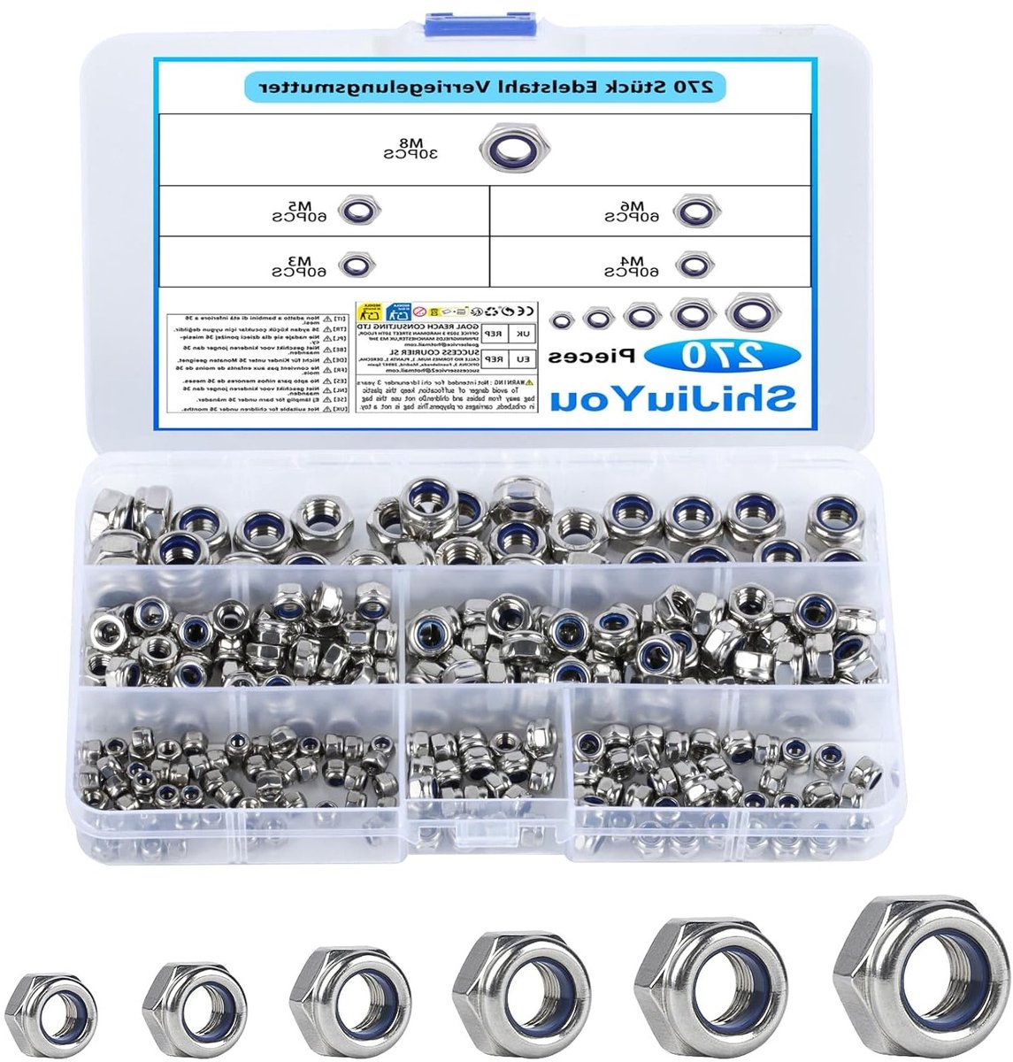 270 Stuks Zelfsluitende RVS Moeren Set voor Schroeven, Draadstangen en Washers - M3, M4, M5, M6, M8 Moeren