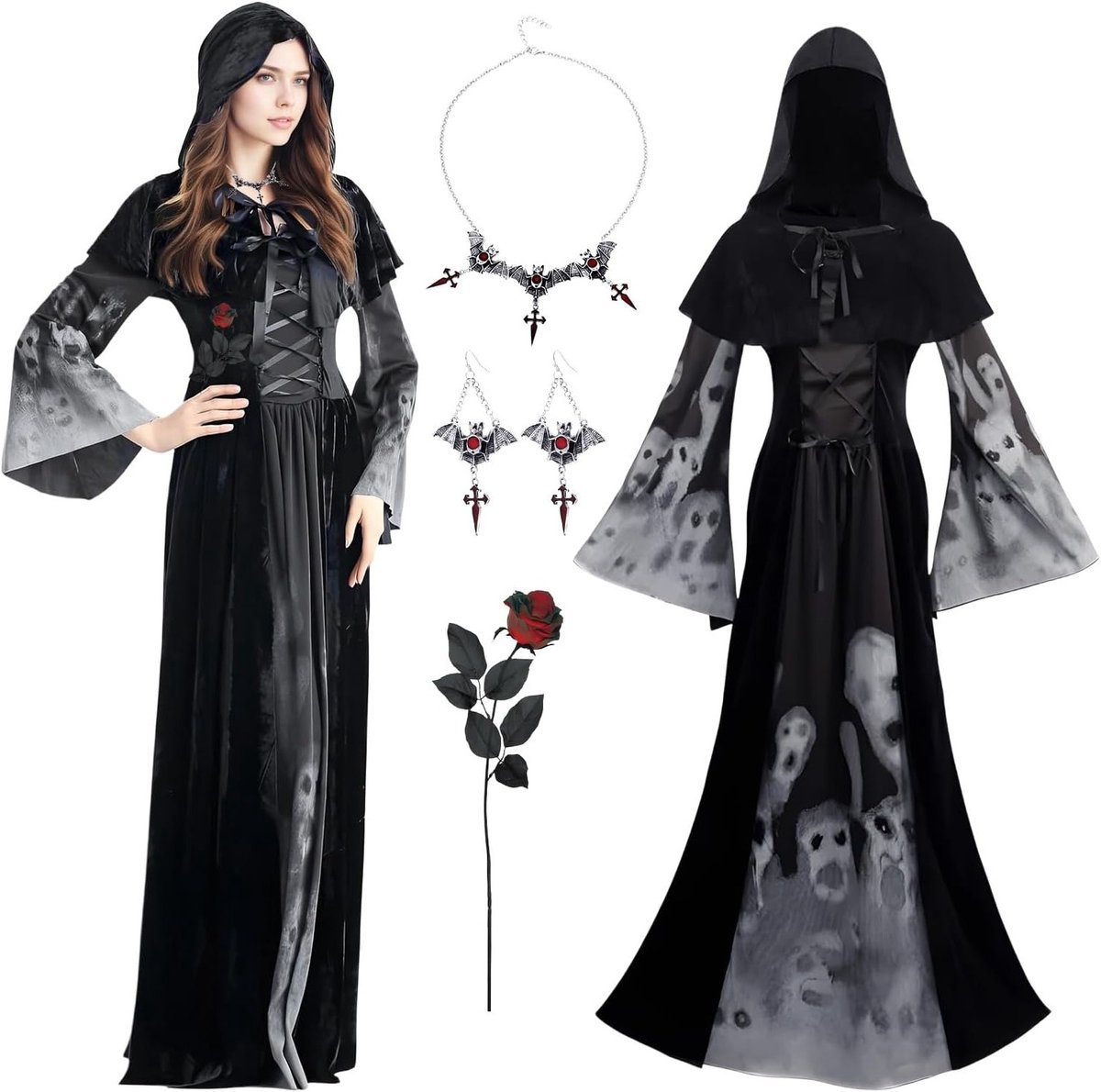 Vrouwelijk Halloween kostuum voor carnaval, inclusief toverstok en hoed, perfect voor feestjes