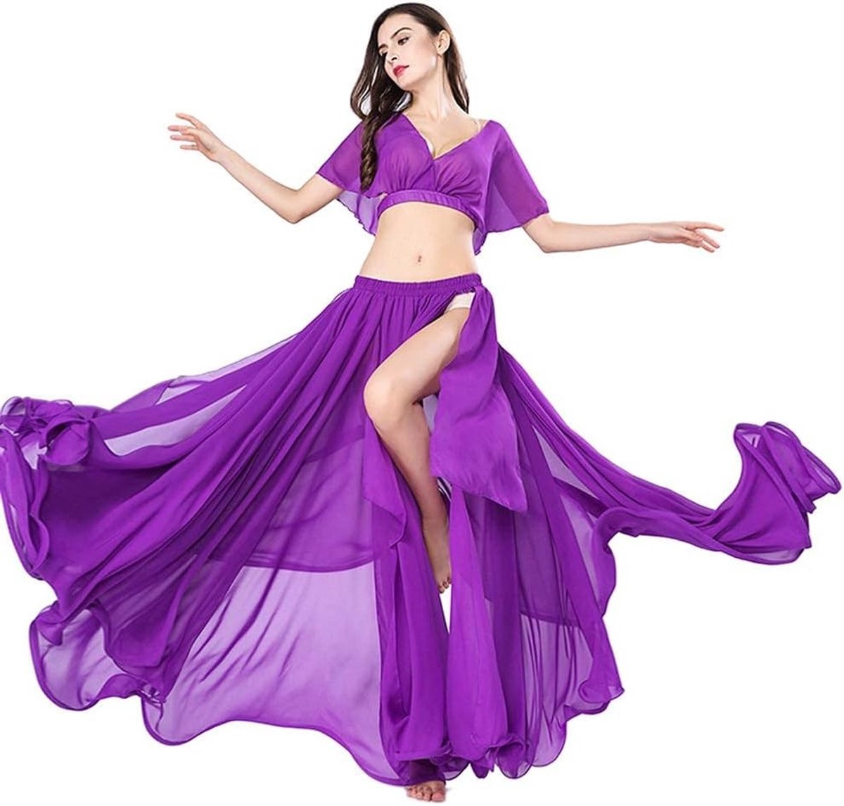 Belly Dance Kostuum Set voor Vrouwen met Sexy Split Chiffon Rok en Top - Perfect voor Danslessen en Optredens