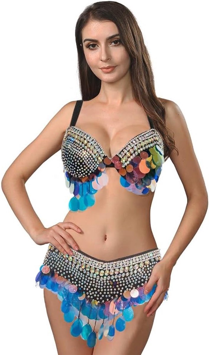 Kleurrijk Bellydance Kostuum voor Dames met Tassels, Bh en Ceintuur, Zwart, Maat S