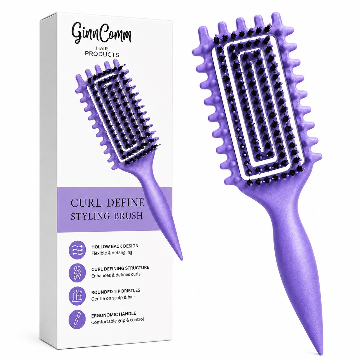 GinnComm Curl Brush - Haarborstel - Krullenkam - Krullenborstel - Curly Girl CG Methode - Paars