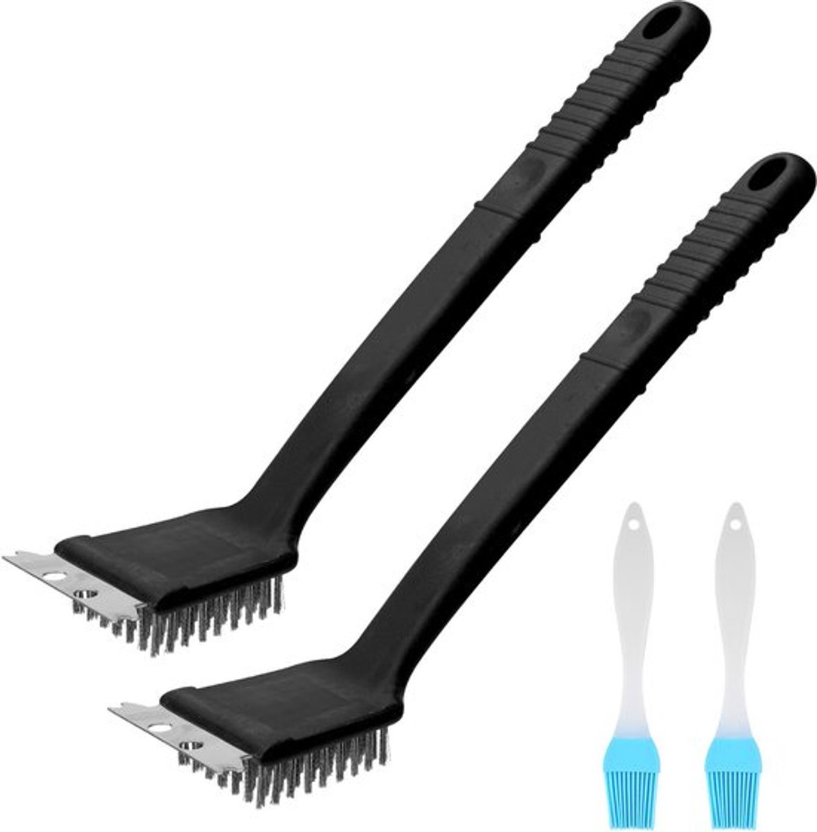 4 Stuks Grillborstel en Schraper, 2 BBQ Grillborstels voor Buiten en 2 Olieborstels, Grillreinigingsborstel, Pizzaovenborstel, Kokosvezel, Reinigingsborstel met Schraper, Grillborstel