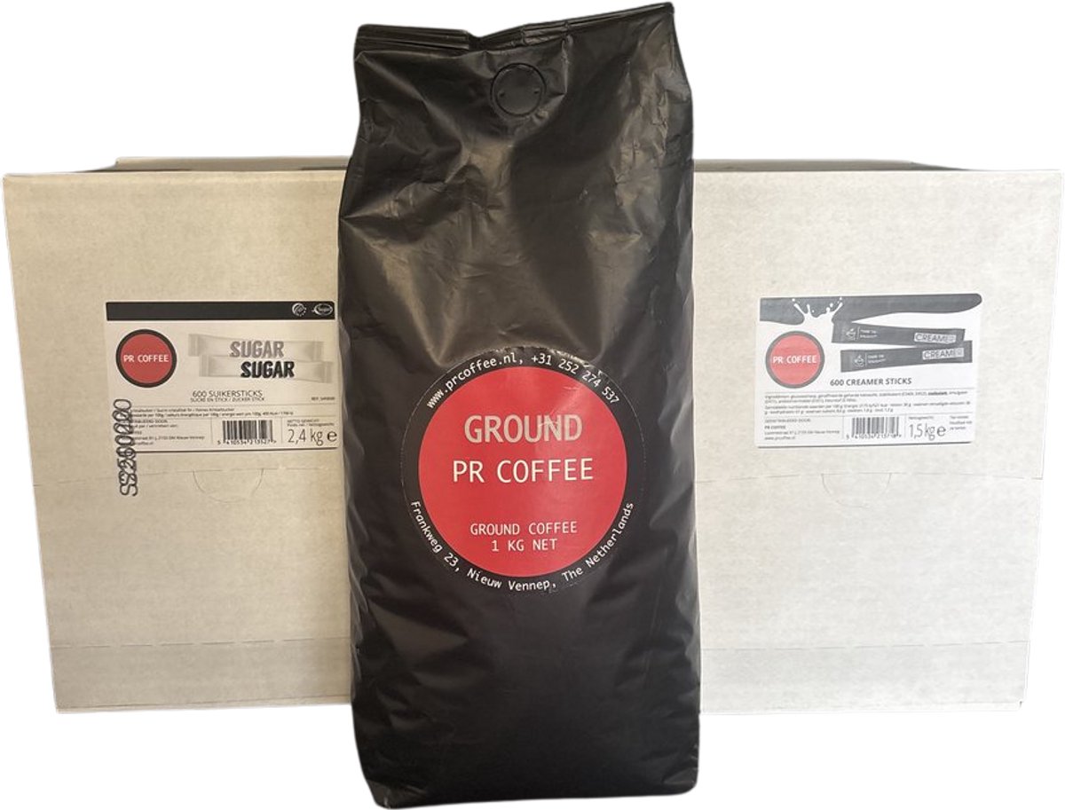PR Coffee 1 Kg Ground gemalen koffie MET Suikersticks 600 stuks MET Creamersticks 600 st