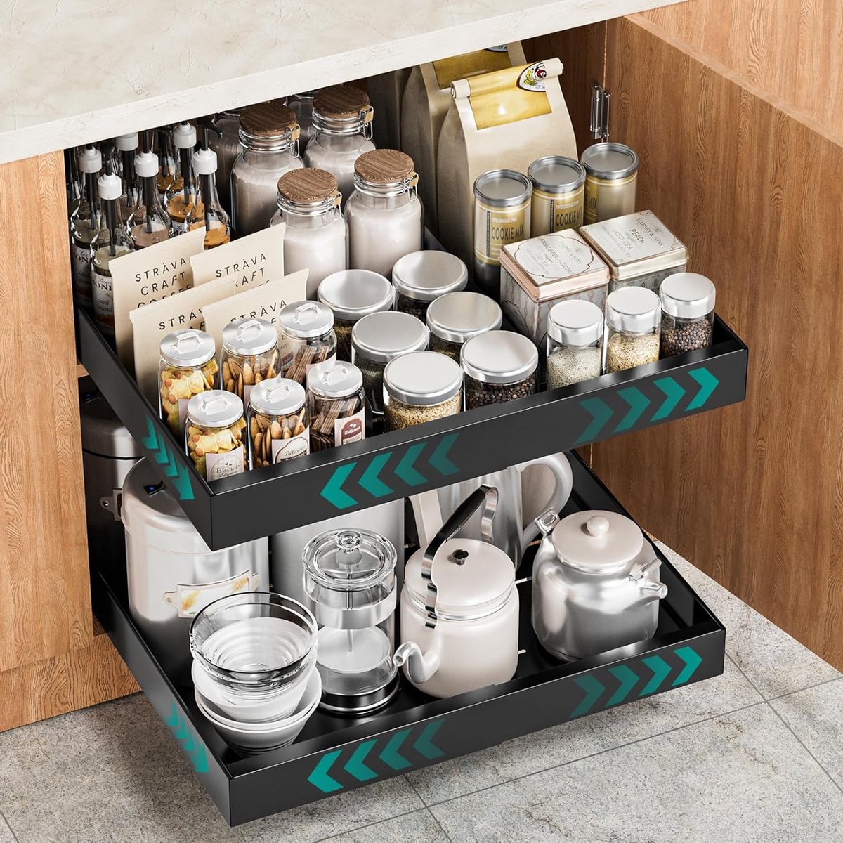 Uittrekbare Keukenorganizer voor Kasten - 2-Pack Zwart, Ruimtebesparend en Verstelbaar