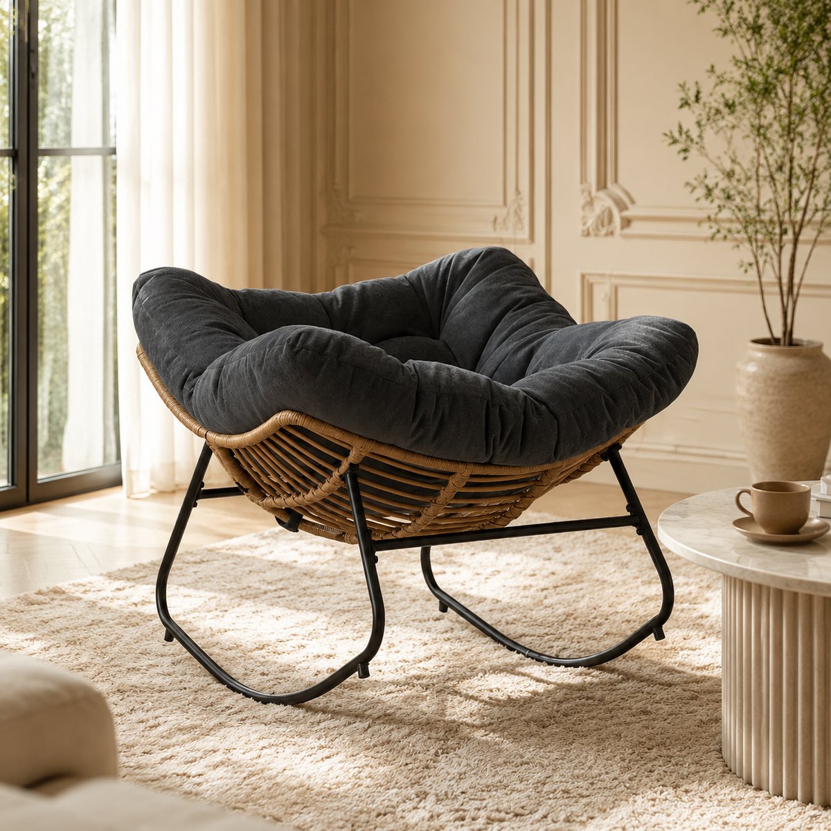 Schommelstoel - Ergonomische Papasan stoel - Relaxstoel - Chenille stof - Fauteuil - Loungestoel - Rotan Relaxstoel - Zwart