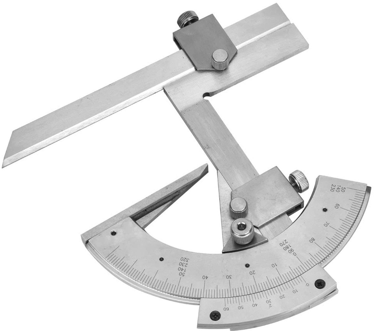 Schuine Gradenboog - Hoekmeter Precisie - Nauwkeurig Meten - Verlengblad Fijnafstelling - 0-320 Graden - Zilver