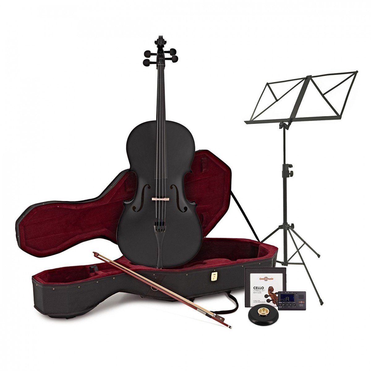 4/4 Cello met Koffer en Beginnerspakket, Zwart