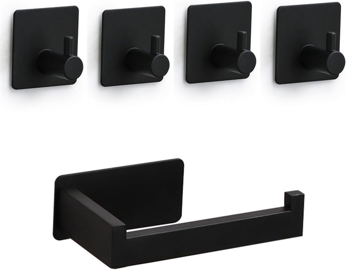 Toiletpapierhouder Set - Zelfklevende WC Rolhouder Roestvrij Staal - 1 Houder en 4 Haken - Boorvrij Installatie Gemak - Voor Badkamer en Keuken Gladde Oppervlakken - Mat Zwart