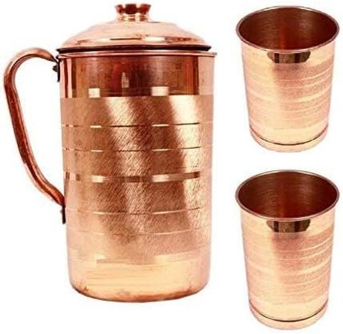 Koperen Kan - Waterkruik Set - Drinkwater Serveren - Met Deksel En Glazen - 3 Delig Pakket - Bruin