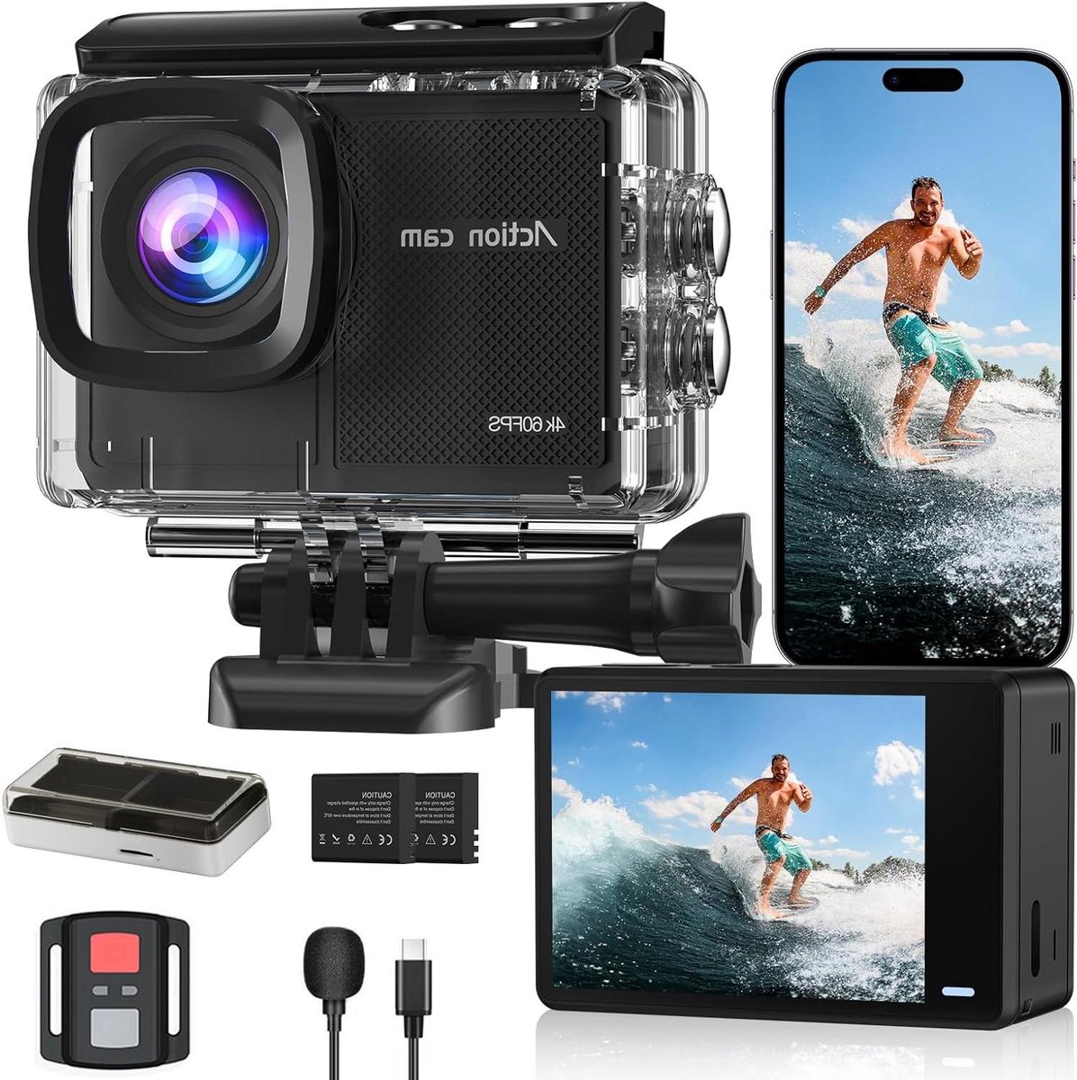 Actiecamera 4K - Onderwatercamera Helmcamera - Avontuur Vastleggen - EIS Stabilisatie 8x Zoom - 40M Waterdicht - Zwart