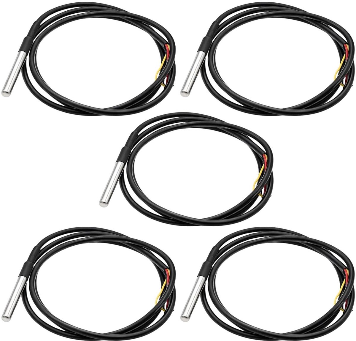 Temperatuursensoren Set - DS18B20 Sensoren - Projecten Meten - Waterdicht Roestvrijstaal - 5 Stuks 1m Kabel - Grijs