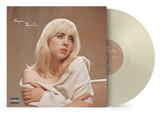 Albumhoes van 'Happier Than Ever' van Billie Eilish met een lichtgele vinylplaat ernaast. Billie Eilish is te zien op de hoes.