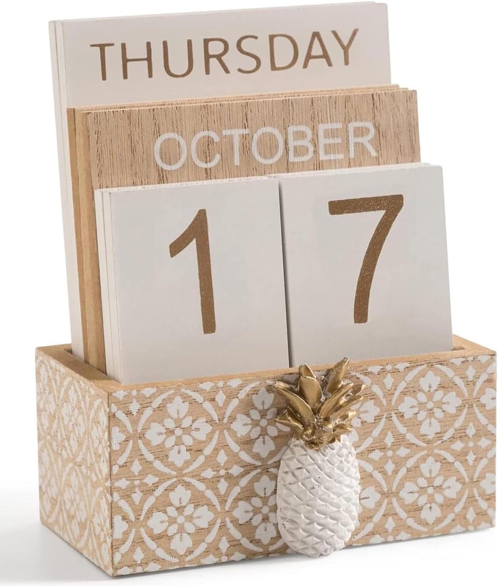 Houten Eeuwigdurende Kalender voor Bureau - Datum, Week en Maand Weergave