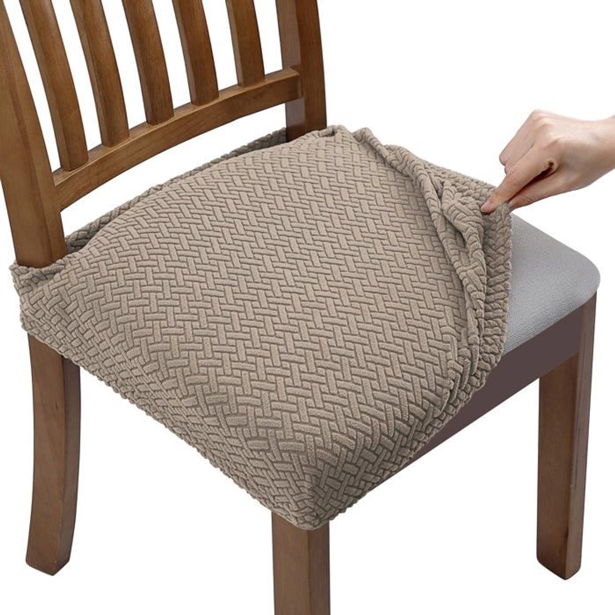 4-delige set elastische jacquard stoelhoezen, afneembare en wasbare eetkamerstoelhoezen (khaki)