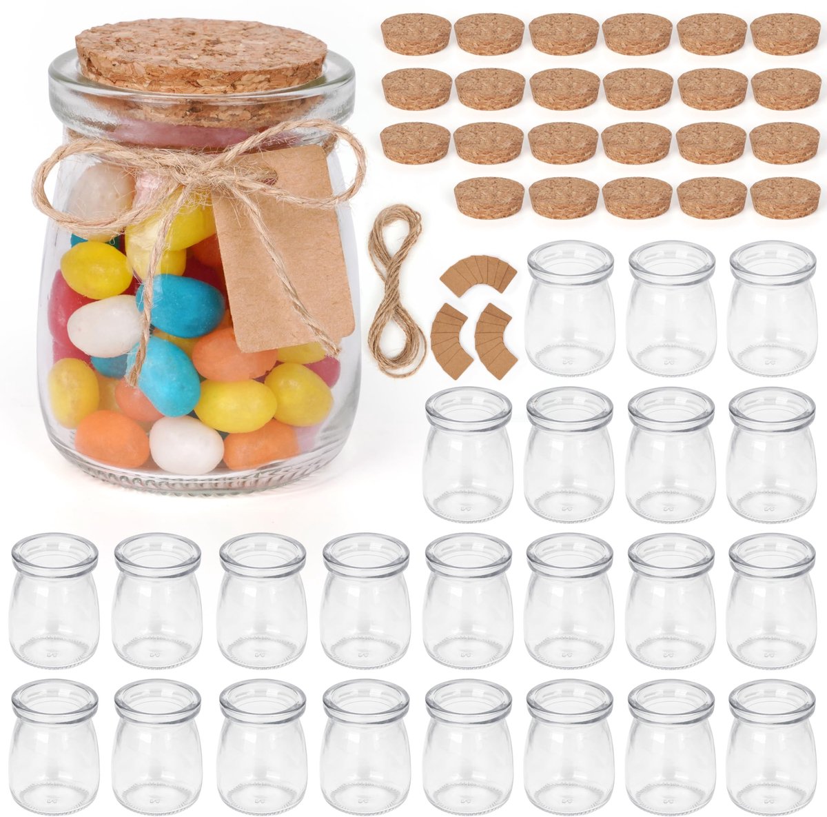 Dailygoods- Glazen Pot 100 ml - Voedselveilige Potjes - Kurk Doppen - Geschenkpot - Labels - Touw - Bedankpotje